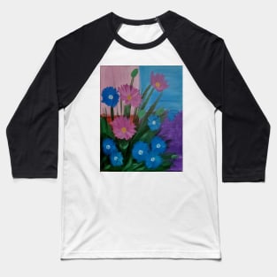 pink and blue carnations set against a color block background. Baseball T-Shirt